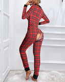 Plaid Functional Buttoned Flap Adults Pajamas