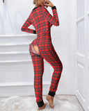 Plaid Functional Buttoned Flap Adults Pajamas