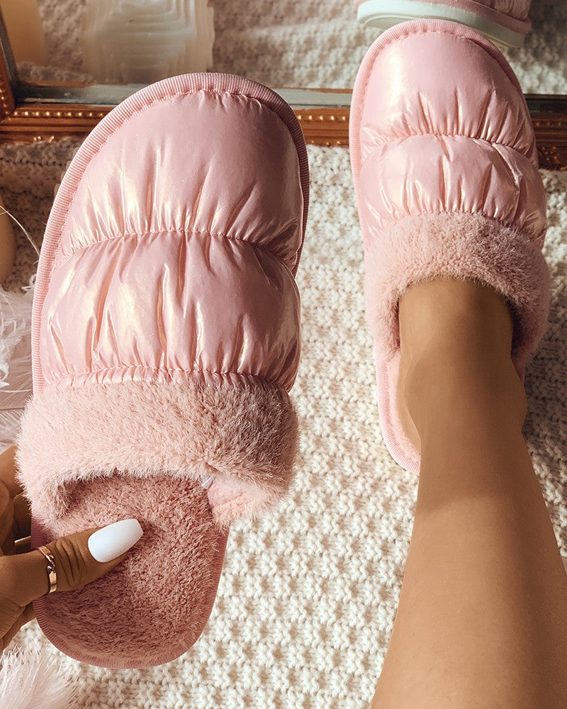 Fluffy Trim Cloase Toe Casual Slippers
