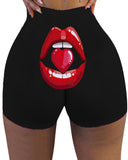 Lip Heart Print High Waist Butt Lifting Yoga Shorts