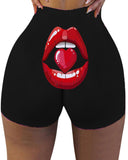 Lip Heart Print High Waist Butt Lifting Yoga Shorts