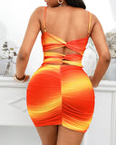 Gradient Color Ruched Cutout Back Bodycon Dress