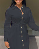 Long Sleeve Buttoned Ruched Shirt Dress