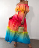 Off Shoulder Gradient Color Ruffles Maxi Dress