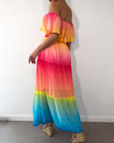 Off Shoulder Gradient Color Ruffles Maxi Dress