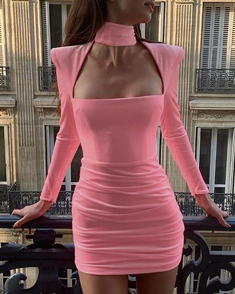 Padded Shoulder Cutout Ruched Bodycon Dress