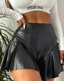 Ruffle Hem Zip Back PU Leather Shorts