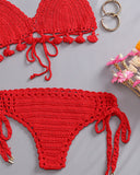 Tassel Decor Tied Detail Halter Crochet Bikini Set