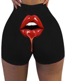 Lip Heart Print High Waist Butt Lifting Yoga Shorts