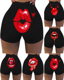 Lip Heart Print High Waist Butt Lifting Yoga Shorts