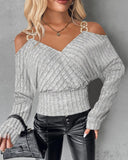 Cold Shoulder Chain Decor Ribbed Top