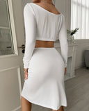 Solid Long Sleeve Crop Top & Drawstring Ruched Asymmetrical Skirt Set
