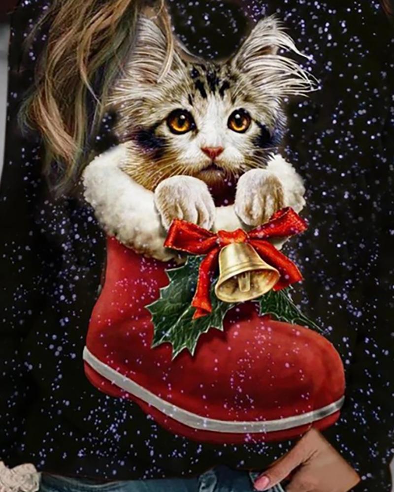 Christmas Cat Print Long Sleeve Sweatshirt