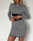 O Neck Striped Allover Letter Print Top & Skirt Set