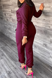 Street Solid Draw String Turndown Collar Long Sleeve Two Pieces