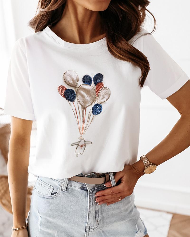 Sequins Embroidery Balloon Pattern Casual T shirt