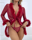 Fuzzy Trim Tied Detail Lace Robe With Thong