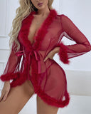 Fuzzy Trim Tied Detail Lace Robe With Thong