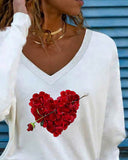 Valentine's Day Rose Heart Print Long Sleeve Top