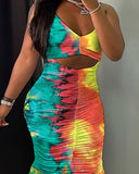 Strap Tie Dyed Cutout Ruched Slit Maxi Dress