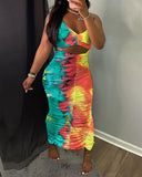 Strap Tie Dyed Cutout Ruched Slit Maxi Dress