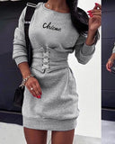 Letter Print Sweatshirt Dress With Eyelet Lace up Corset