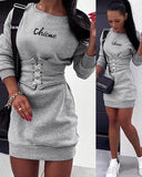 Letter Print Sweatshirt Dress With Eyelet Lace up Corset