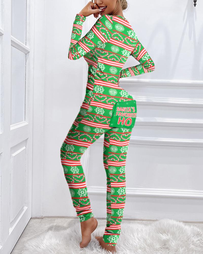 Christmas Print Functional Buttoned Flap Adults Pajamas