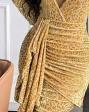 Cheetah Pattern Ruffles Long Sleeve Backless Dress