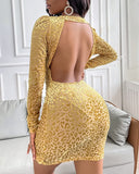 Cheetah Pattern Ruffles Long Sleeve Backless Dress