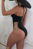 chic lace up black polyester one piece swimwears