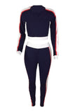 round neck patchwork navy blue polyester two piece pants set