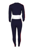 round neck patchwork navy blue polyester two piece pants set