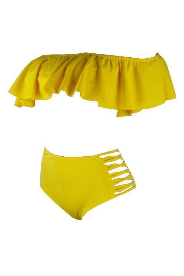 pretty bateau neck flounce yellow polyester two piece swimwears