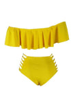 pretty bateau neck flounce yellow polyester two piece swimwears