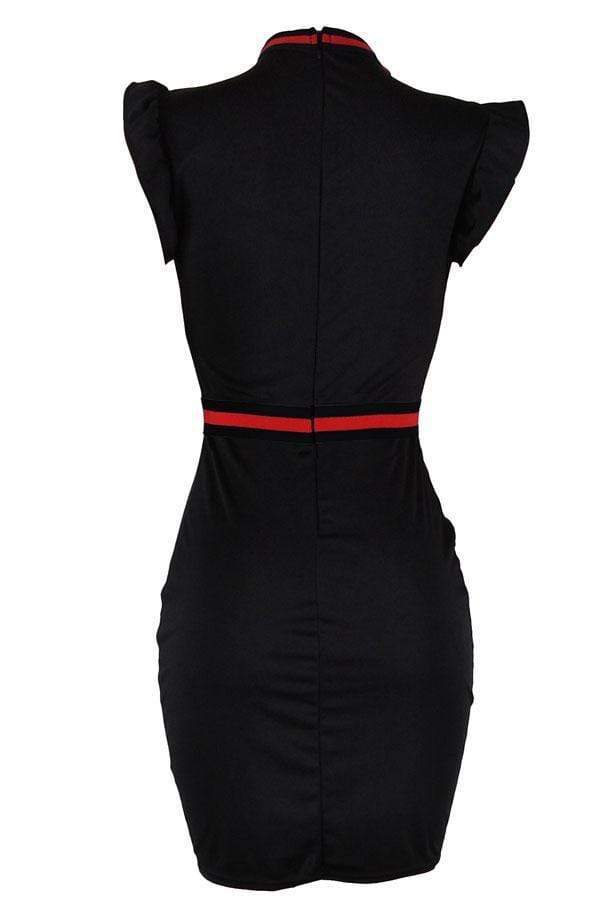 fashion round neck ruffle design black blending sheath knee length dress