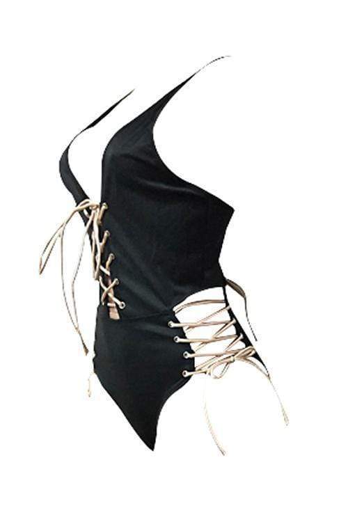 chic lace up black polyester one piece swimwears