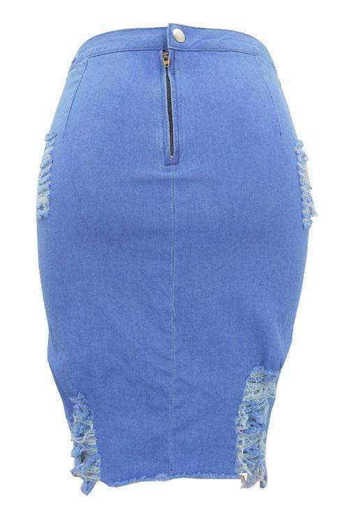 trendy broken holes light blue denim sheath knee length skirts