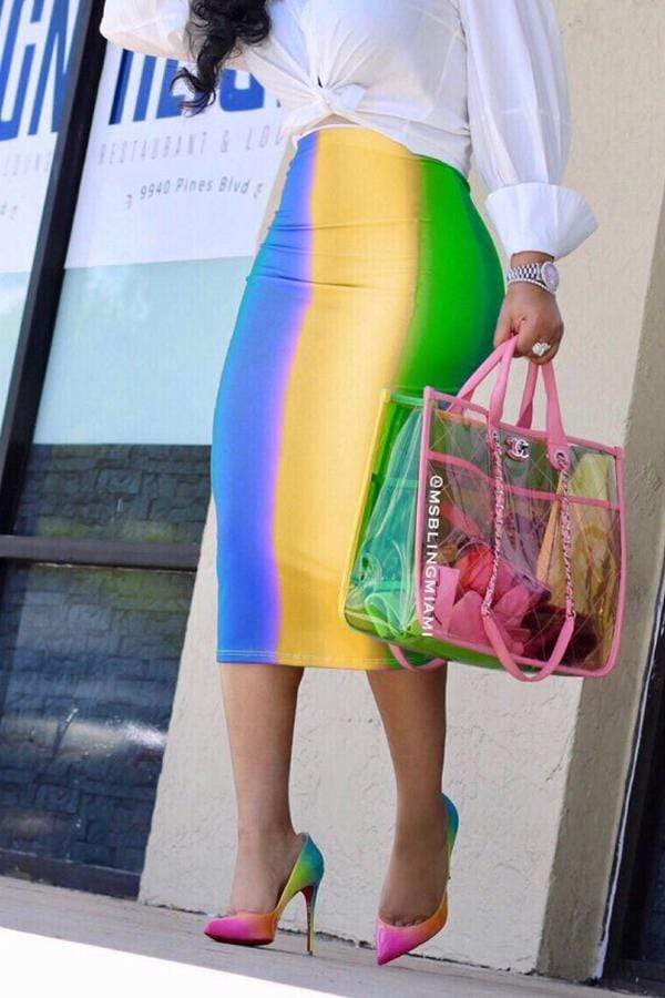 sexy rainbow printed mid calf skirts