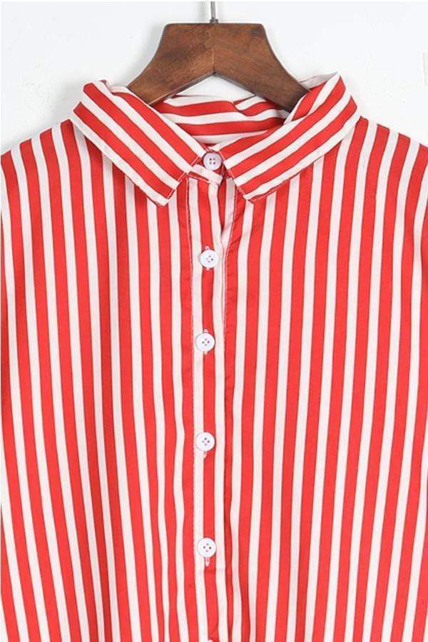 casual striped asymmetrical red blending blouses