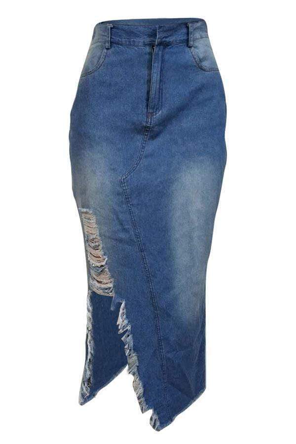 casual broken holes slim blue denim mid calf skirts
