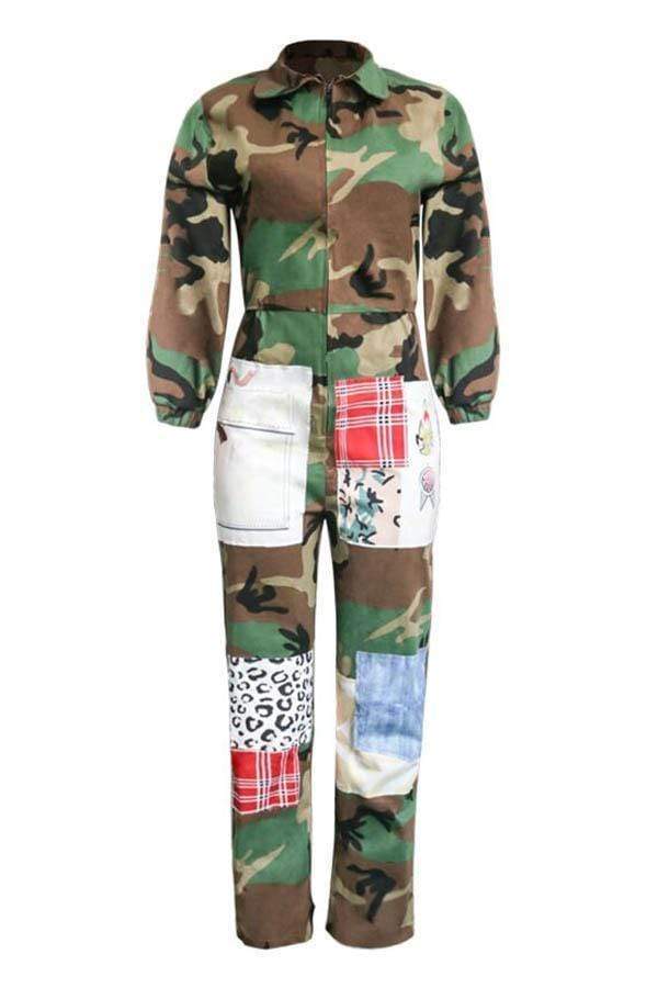 euramerican patchwork camouflage printed one piece jumpsuit