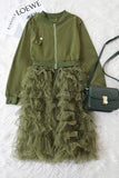 fashionable laciness army green long coat