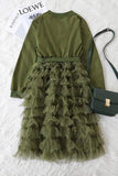 fashionable laciness army green long coat
