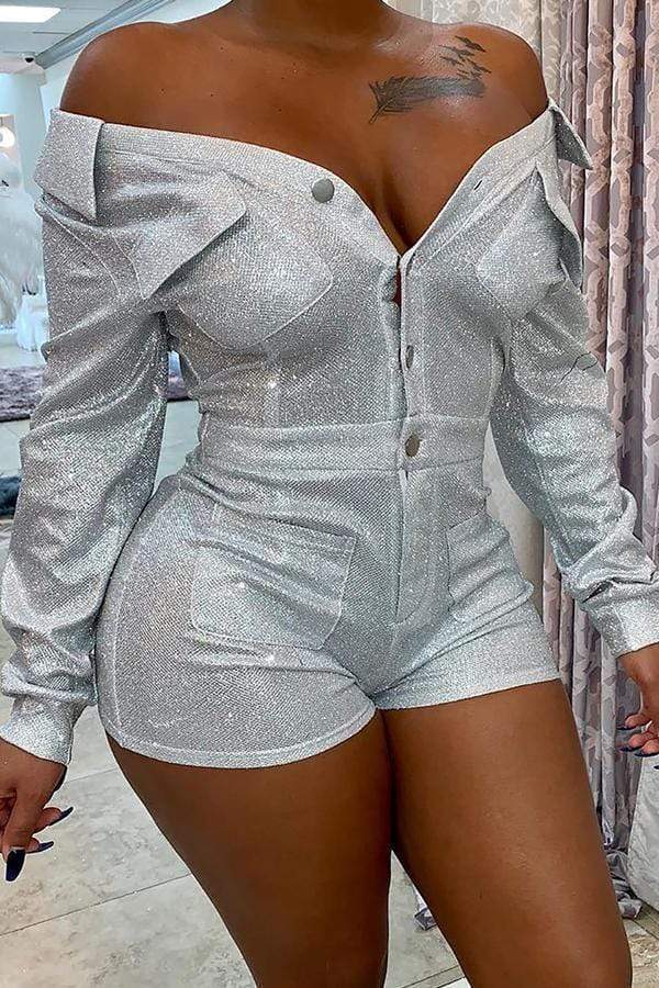 sexy buttons decorative silver one piece romperswithout belt