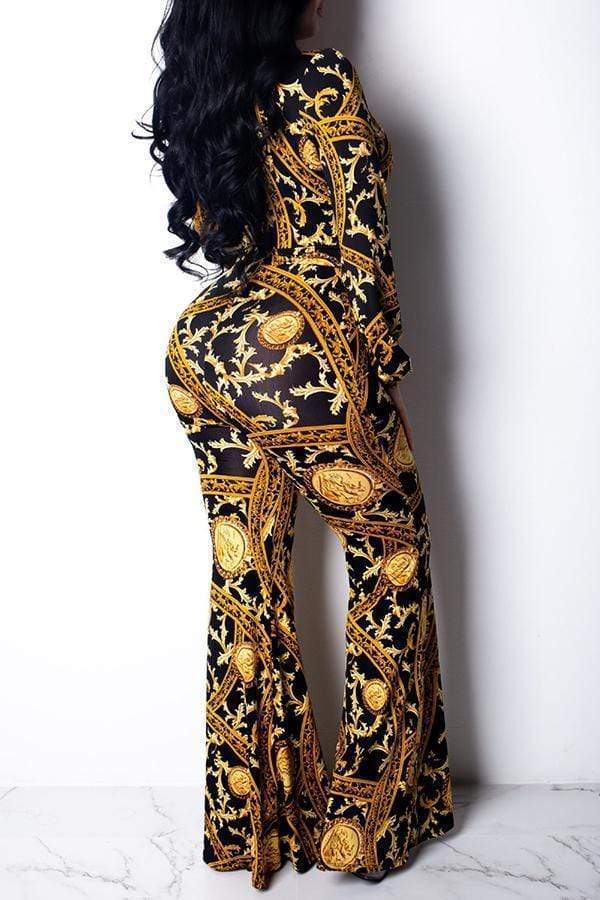 trendy printed gold one piece jumpsuit