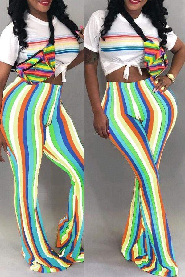 casual striped trumpet shaped white pants