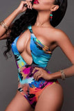 trendy one shoulder blue one piece swimwears with coverups