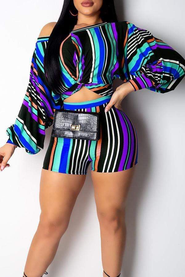 trendy striped multicolor two piece shorts set 1