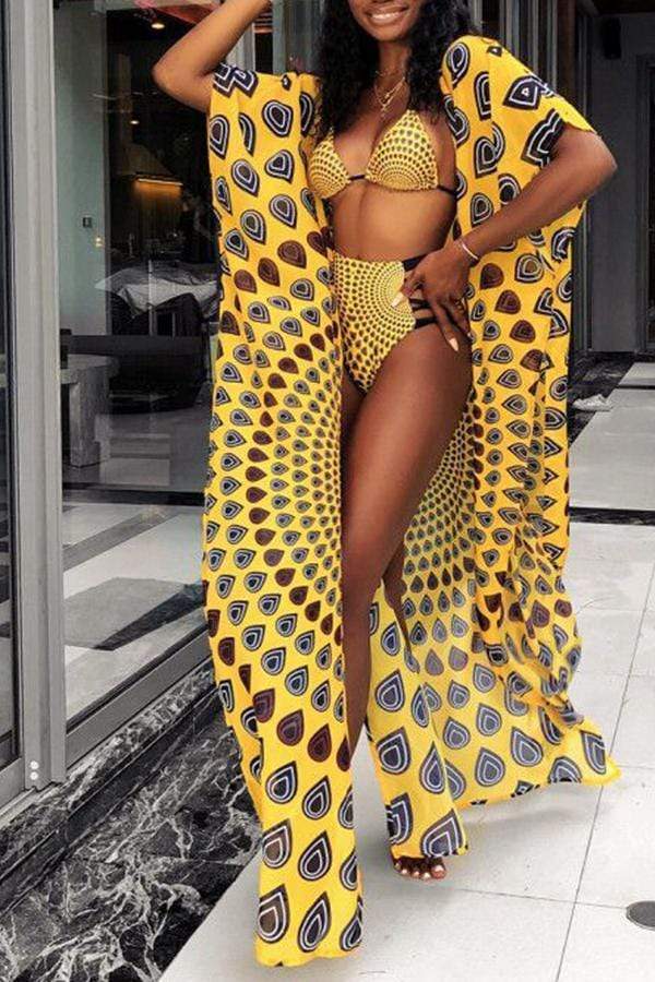 secy hollowed out yellow two piece swimwearwith cover up